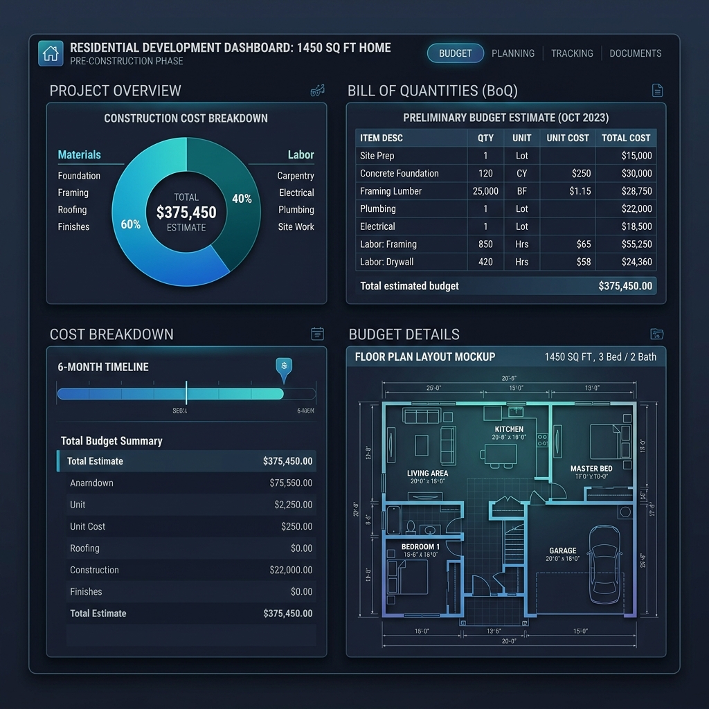 ConstructioncostAI Pre-construction budget cost-breakdown and itemized BOQ layout spreadsheet visual