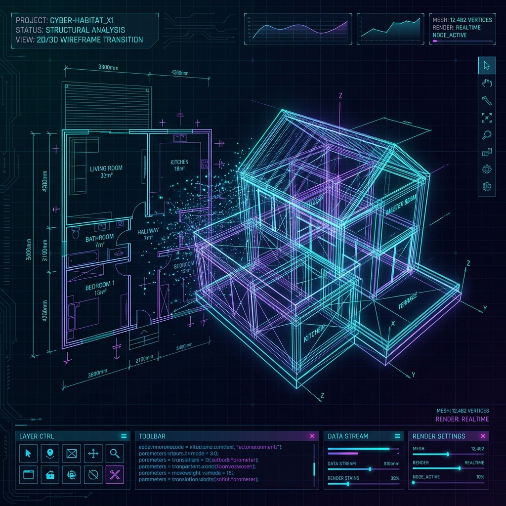 2D hand-drawn drawing converted into an interactive 3D digital floor plan visual